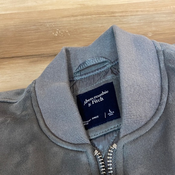 Abercrombie & Fitch Bomber Jacket Mens Large Gray Full Zip Ribbed Faux Suede - Picture 2 of 10